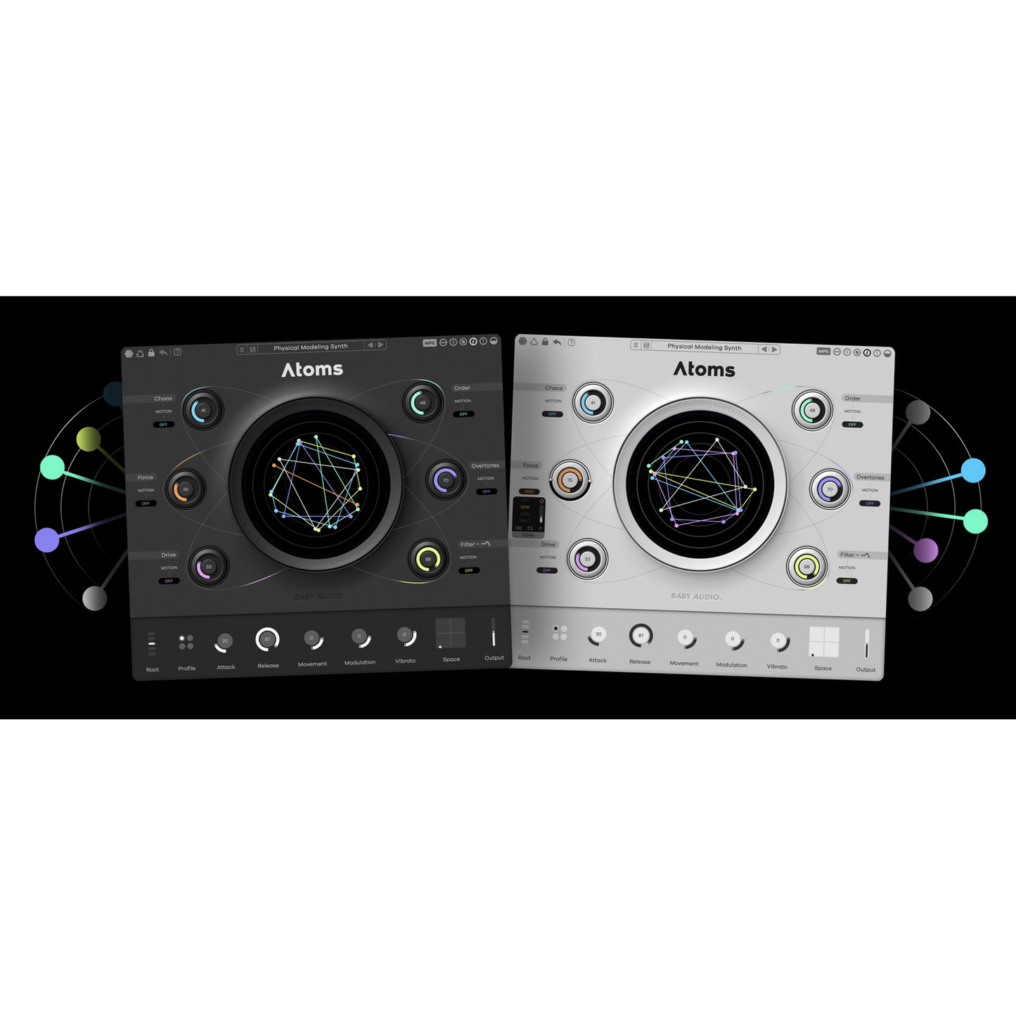 Atoms Baby Audio Black and White Interface on colourful background