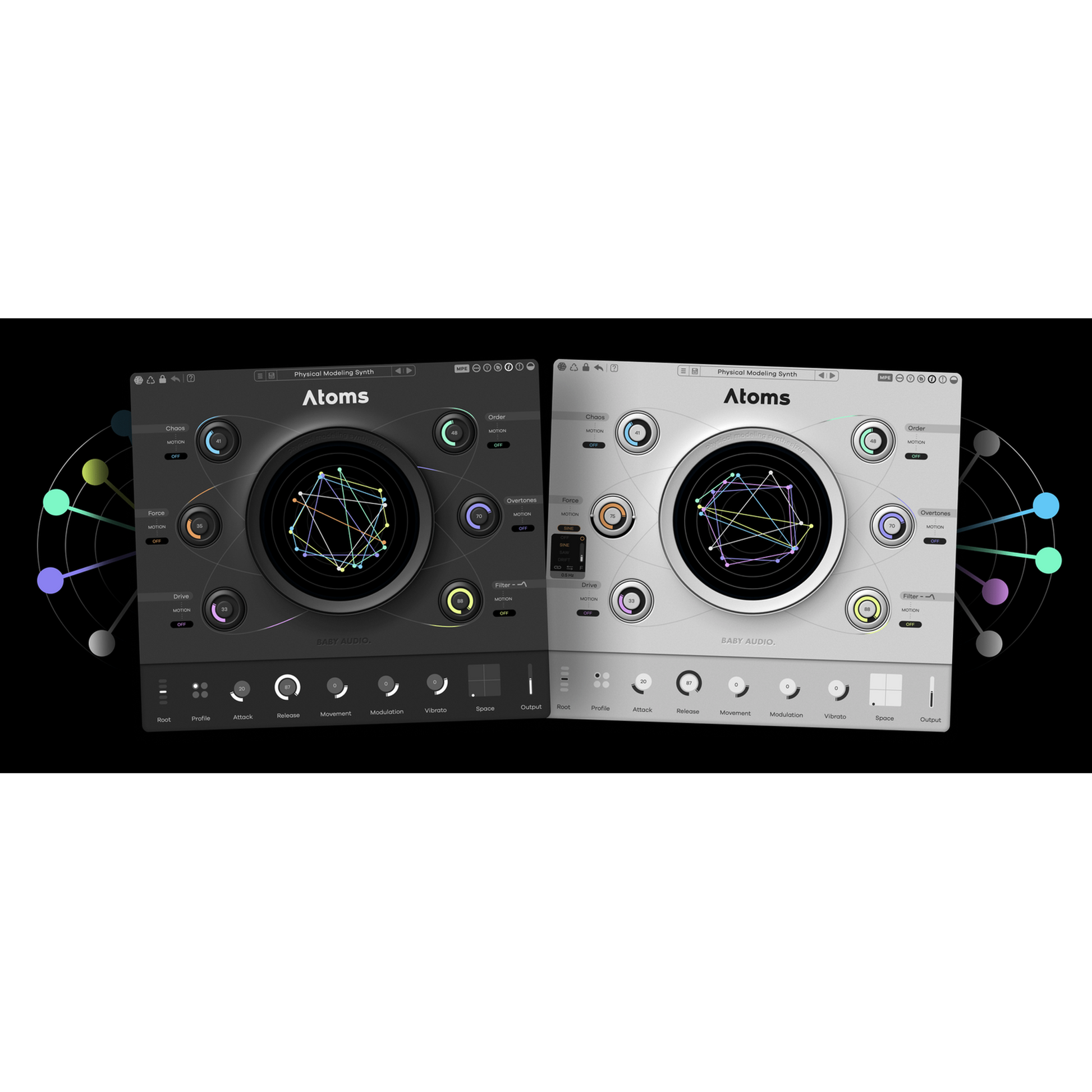 Atoms Baby Audio Black and White  Interface on colourful background