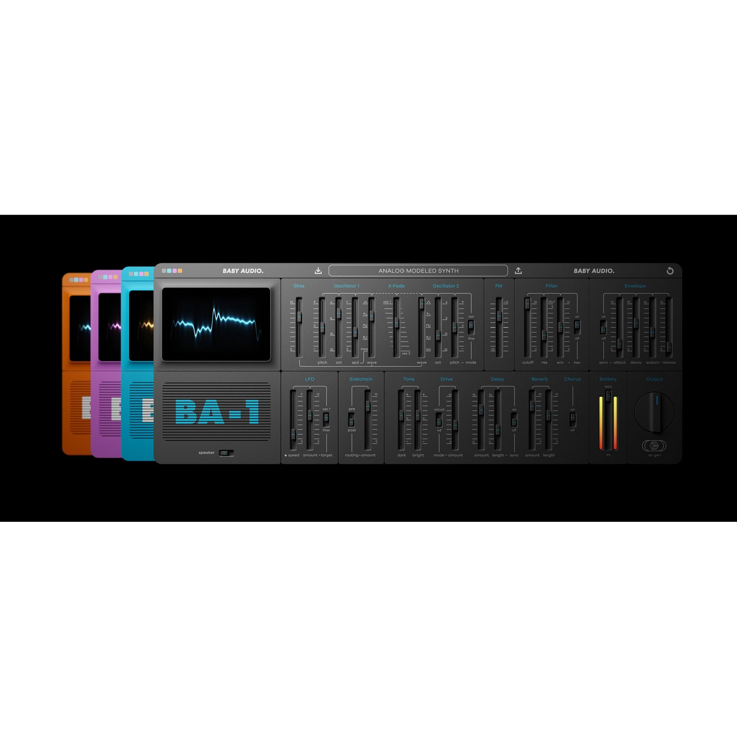 Multiple Interfaces of Baby Audio BA-1 on balck background