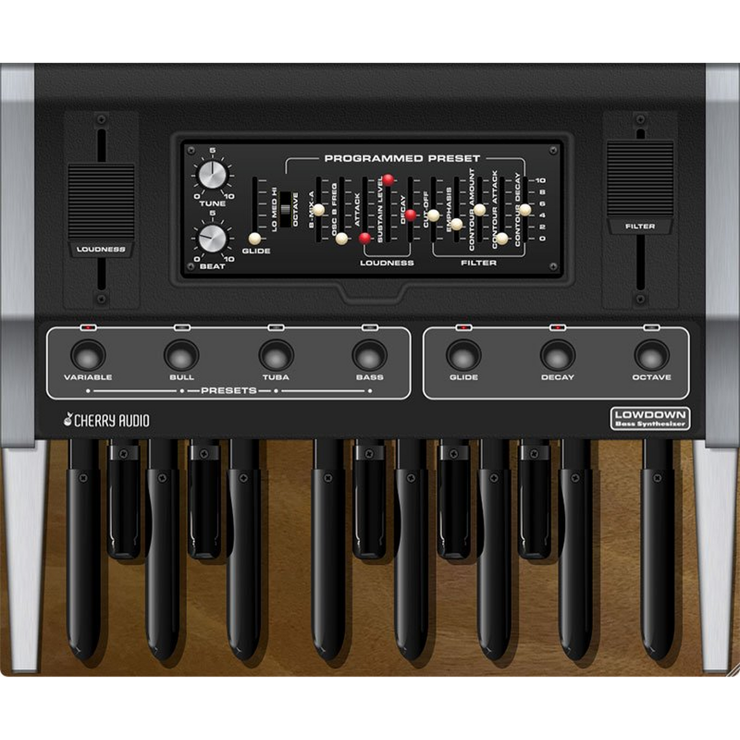 Lowdown Bass Synthesizer interface in brown