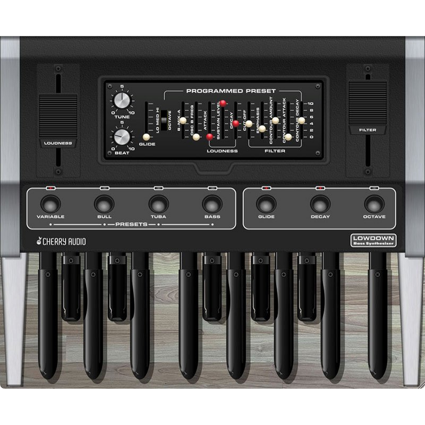 Lowdown Bass Synthesizer interface in wood
