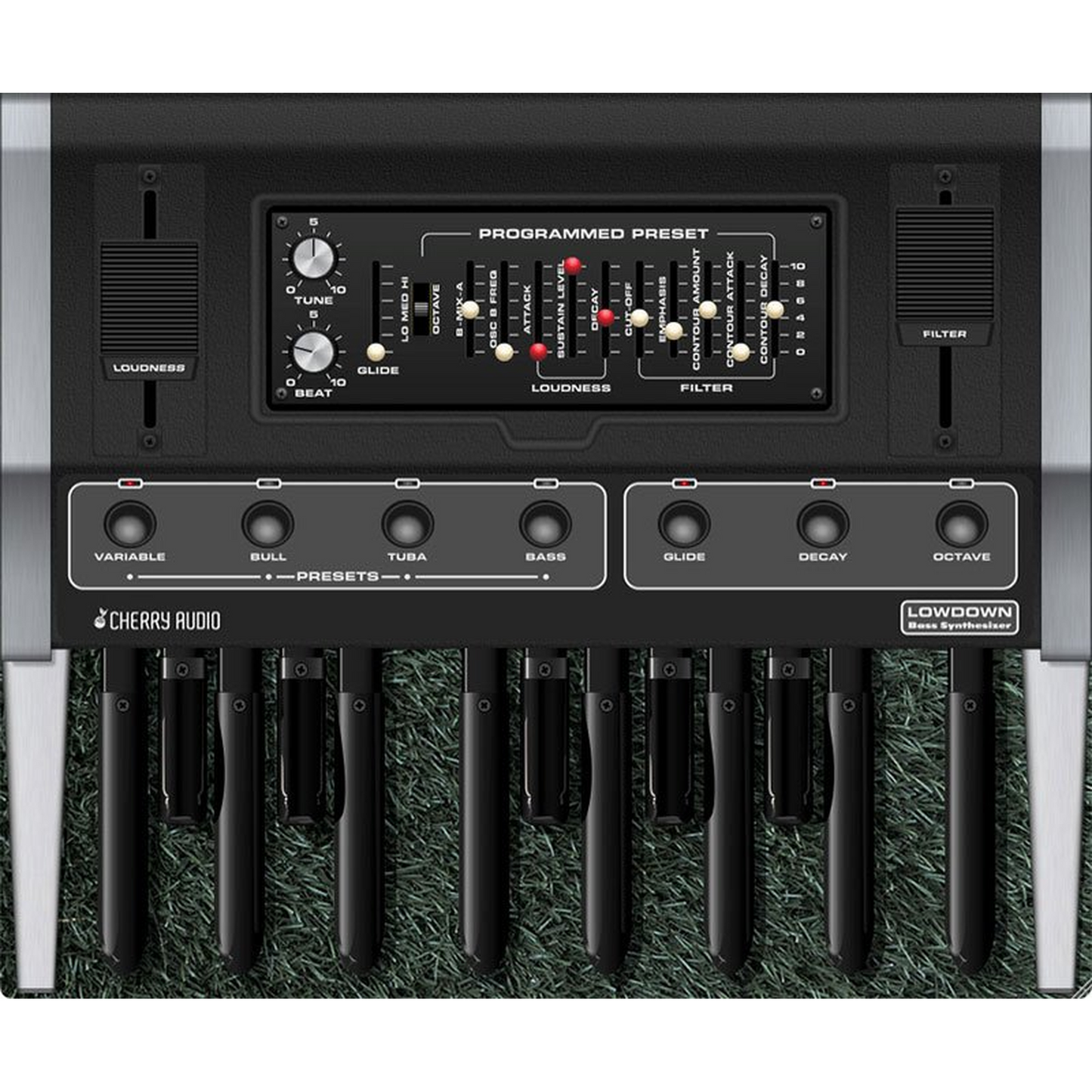 Lowdown Bass Synthesizer interface in grass