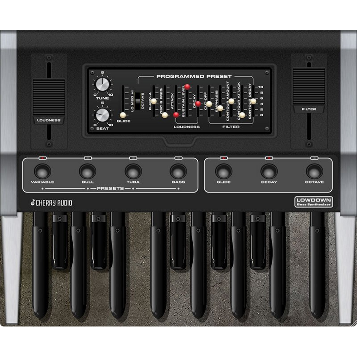 Lowdown Bass Synthesizer interface in grey