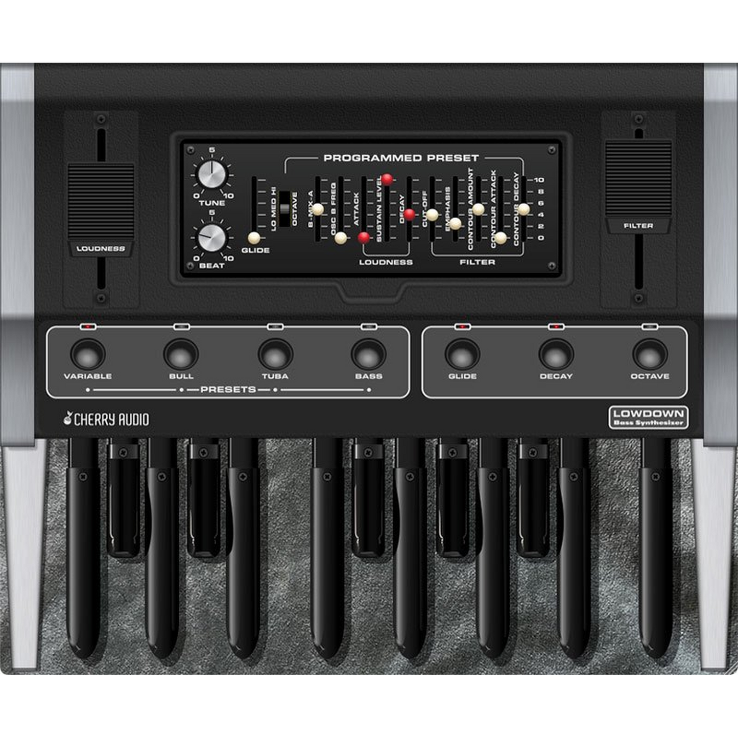 Lowdown Bass Synthesizer interface in grey