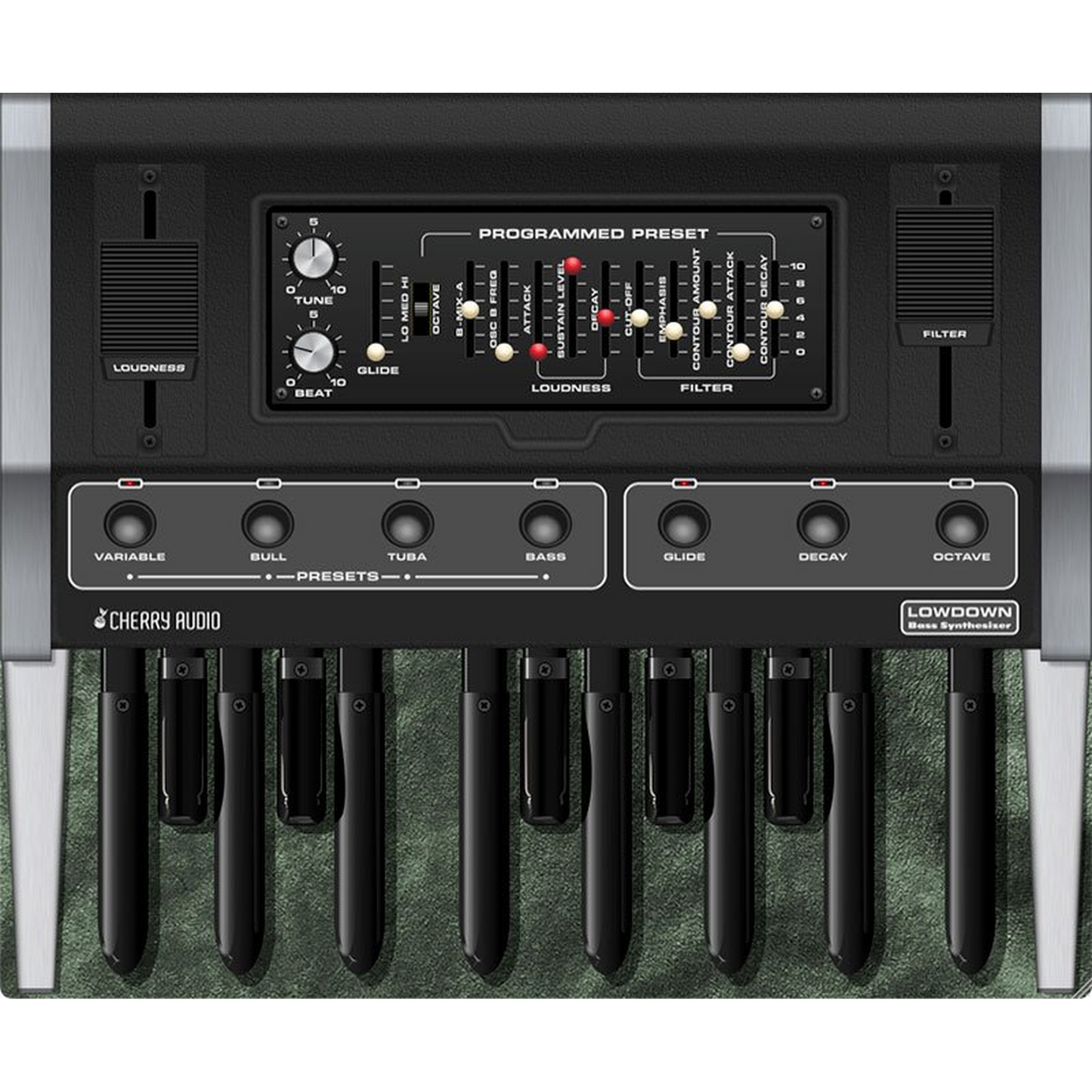 Lowdown Bass Synthesizer interface in green