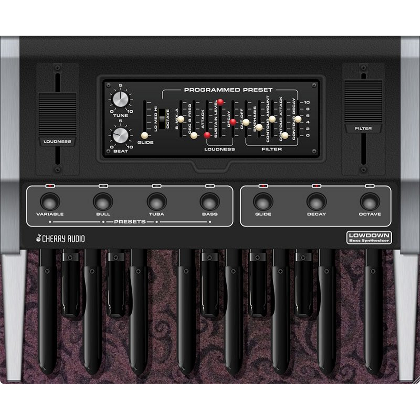 Lowdown Bass Synthesizer interface in purple