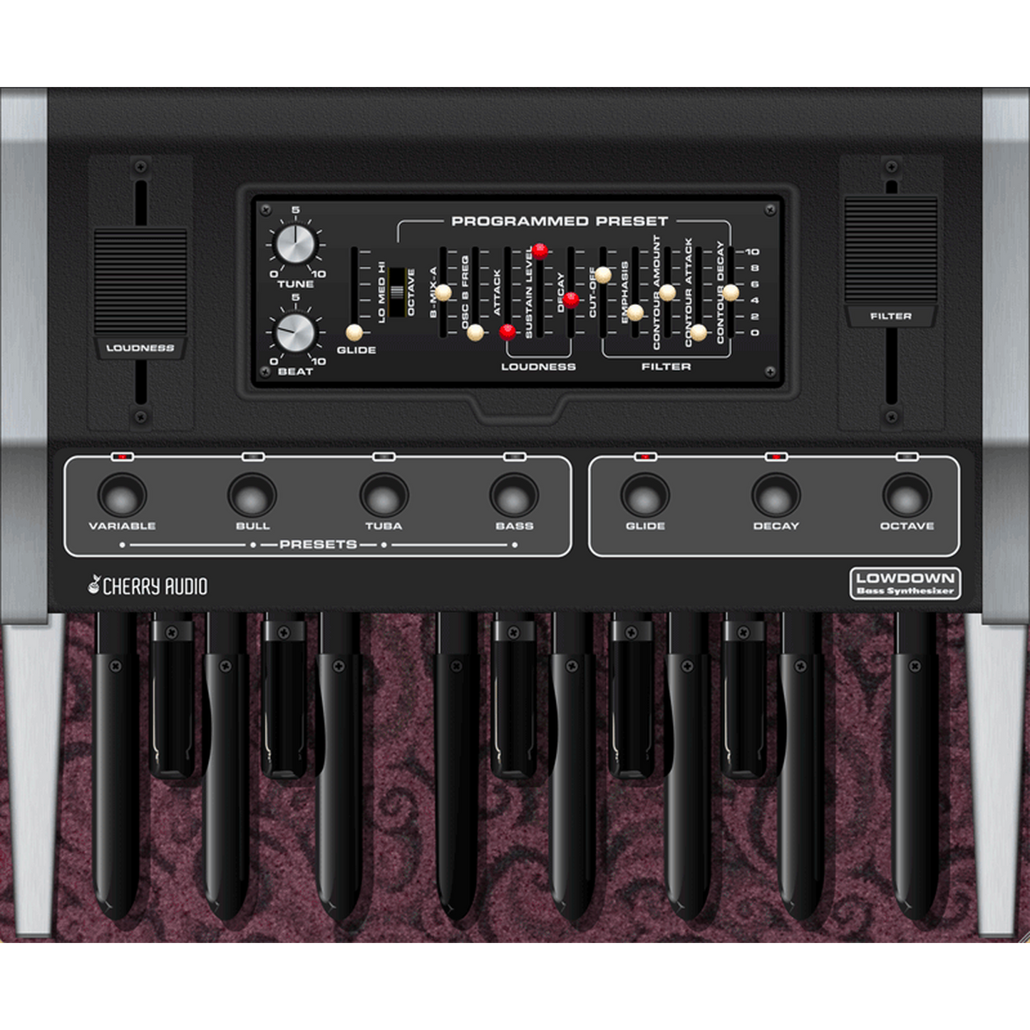 Lowdown Bass Synthesizer interface in purple