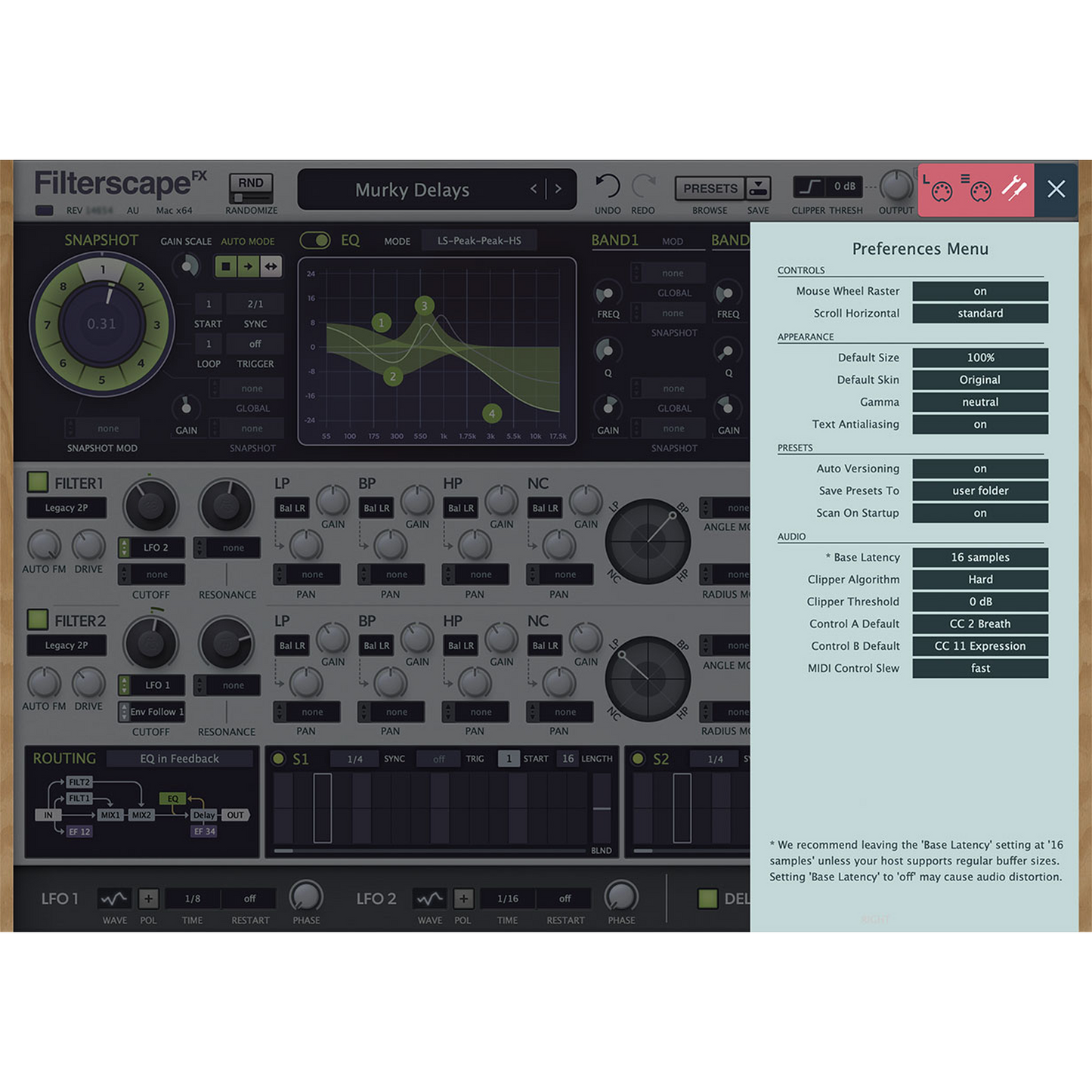 Filterscape FX Preferences Menu